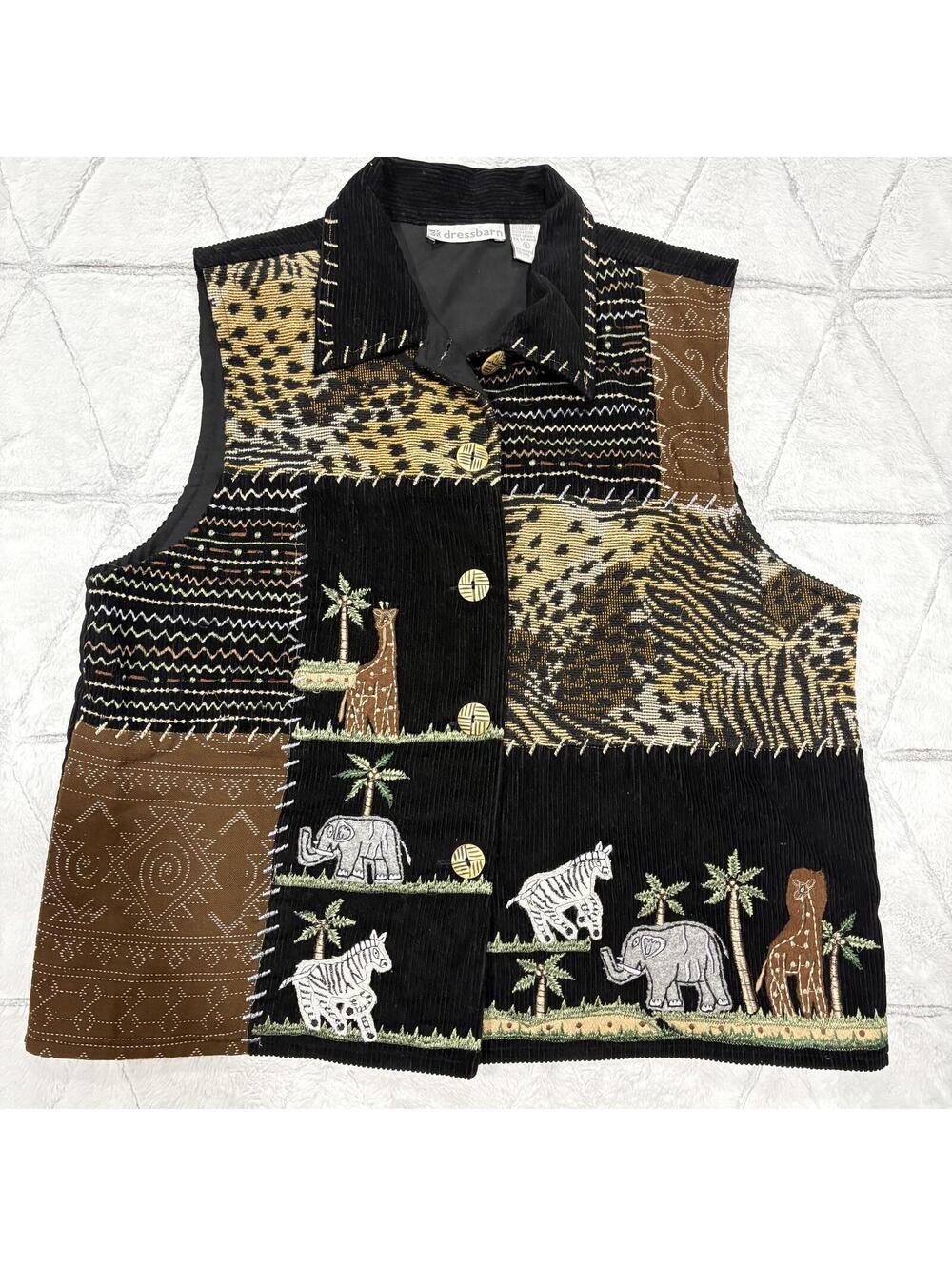 Dressbarn Embroidered Animal Teacher Patchwork Corduroy Vest Women XL Cotton